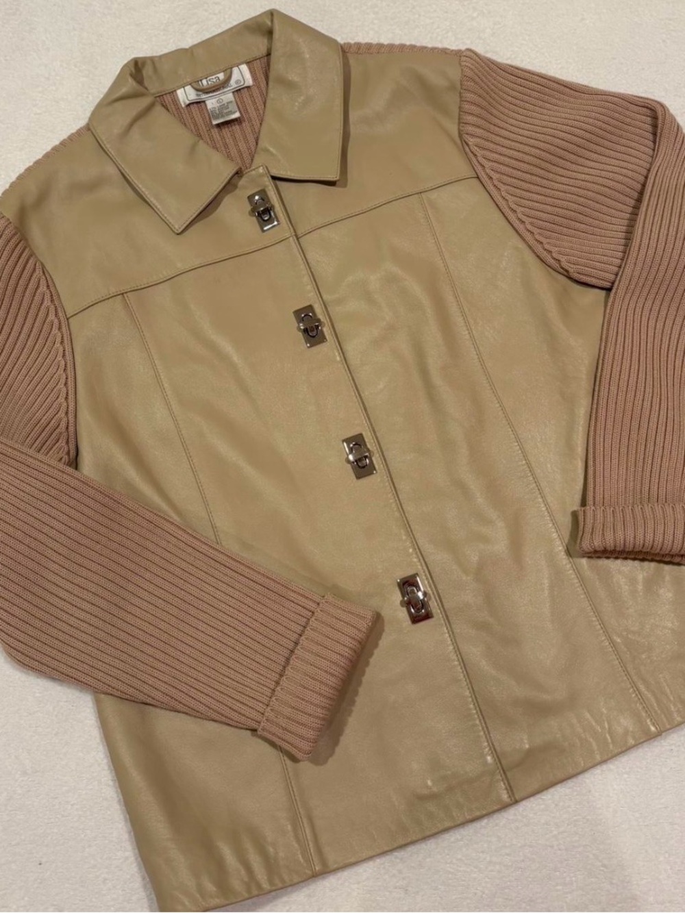 Lamb Skin Leather Front Jacket with Knit Sleeves - Tan Woman’s Large Vintage